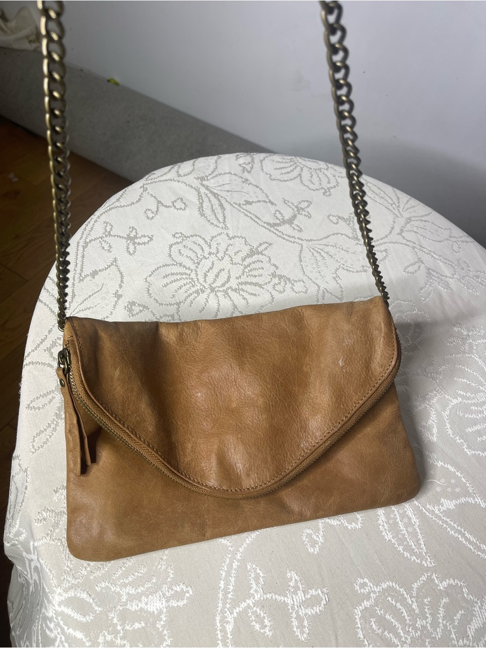 Unique Vintage Tan Leather Shoulder Clutch with Chain Strap